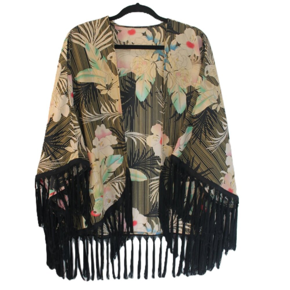 Tropical Print Fringe Cape